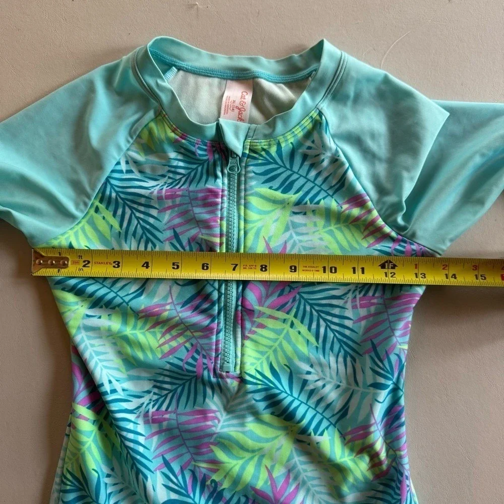 Cat & Jack Swimsuit Tropical Leaf Print Girls XL Rashguard Sleeves Zipper Aqua